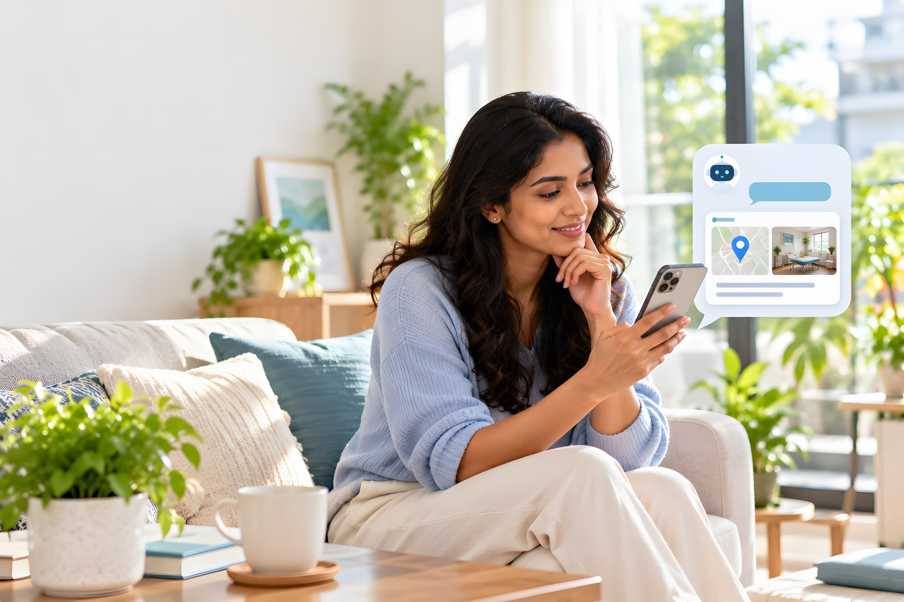 A young woman at home asking an assistant on her phone where to find a physiotherapy clinic