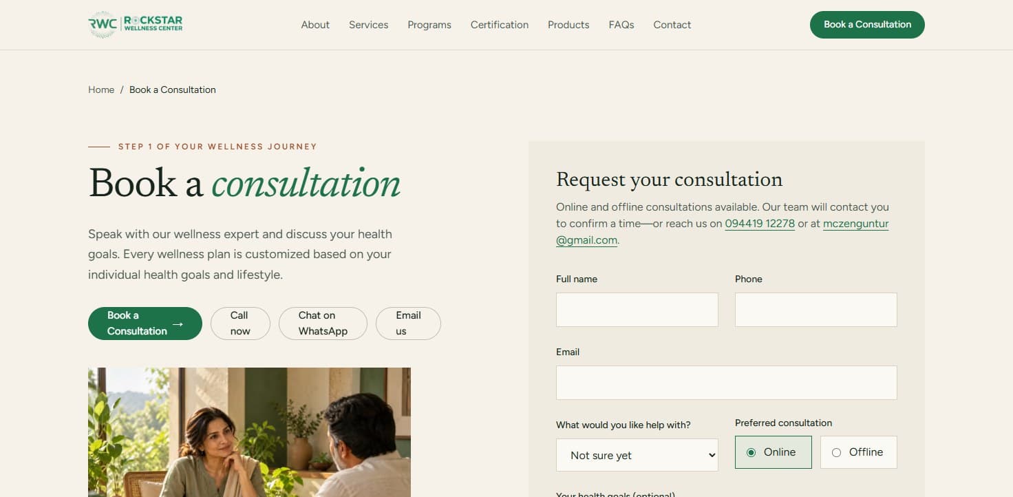The Rockstar Wellness Center consultation page: Book a consultation, with Call now, Chat on WhatsApp and Email us buttons beside a request form offering online or offline consultations.