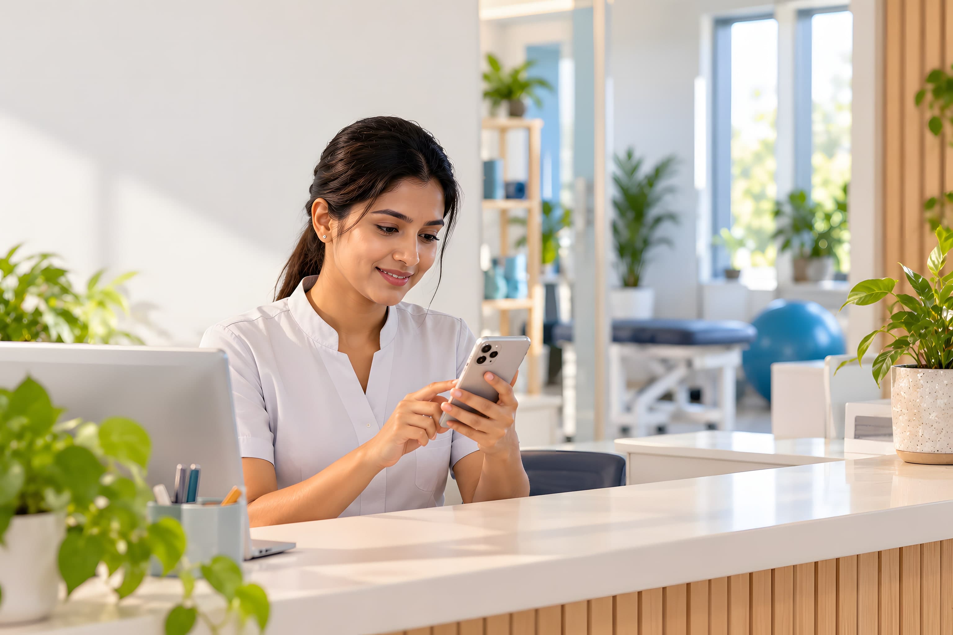 A receptionist at a bright clinic front desk, smiling as she replies to a patient’s message on her phone